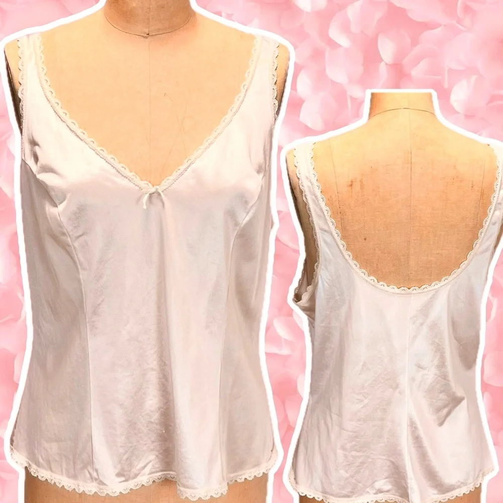 VINTAGE Sears nylon cami camisole‎ tank top pastel blush pink lace trim 70s 80s